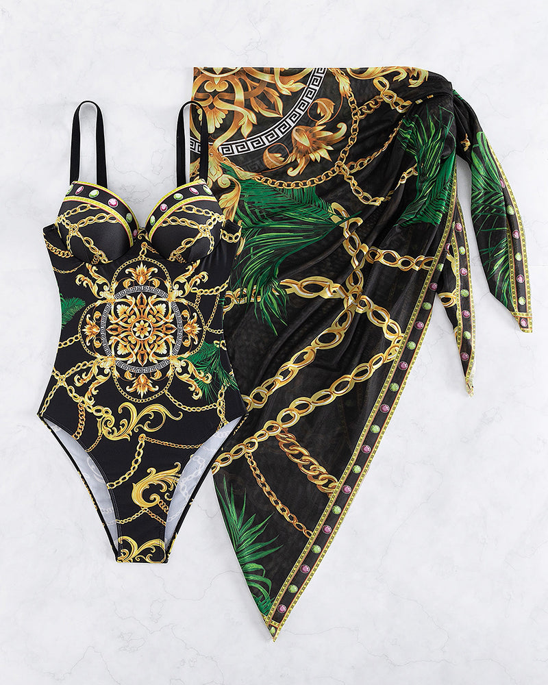 Maryja | Jednoczęściowy strój kąpielowy push-up ze spódnicą plażową