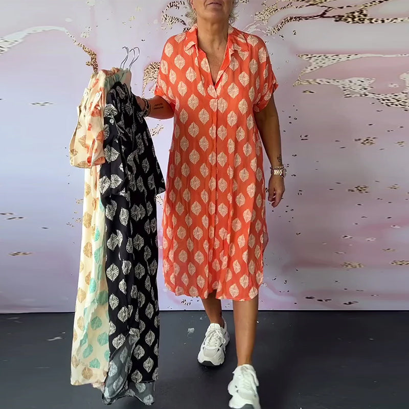 Liora | Luźna letnia sukienka z kołnierzem z klapami i krótkimi rękawami