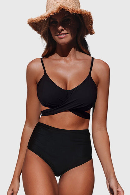 Black and High Waist Tie Back Bikini Set