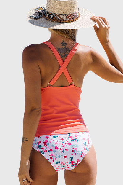 Cute Floral Print V Neck Tummy Control Tankini Set
