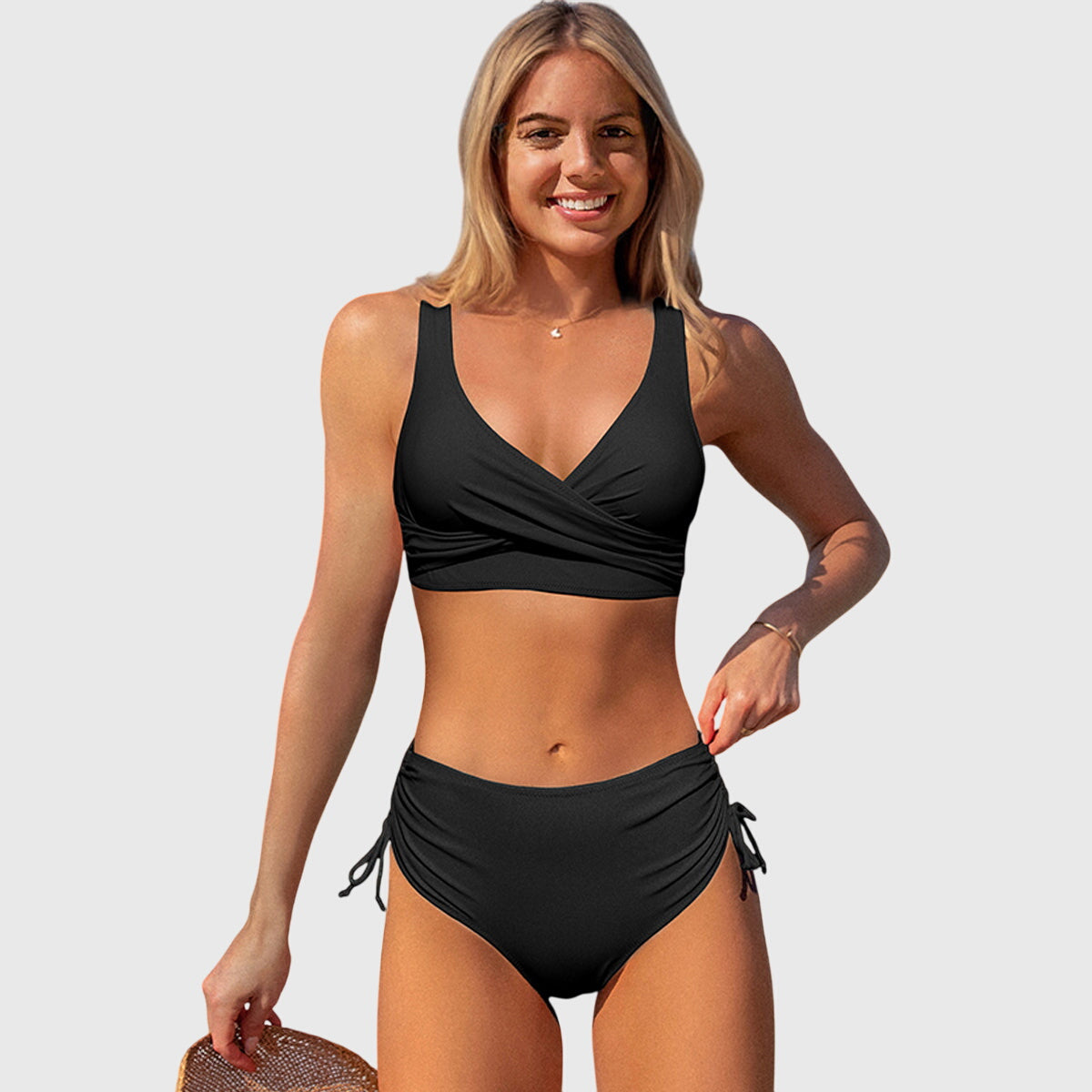 Black Twist Front Drawstring Side Bikini Set