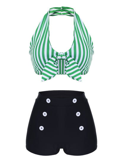 Komplet bikini z halterneckiem w paski w stylu retro