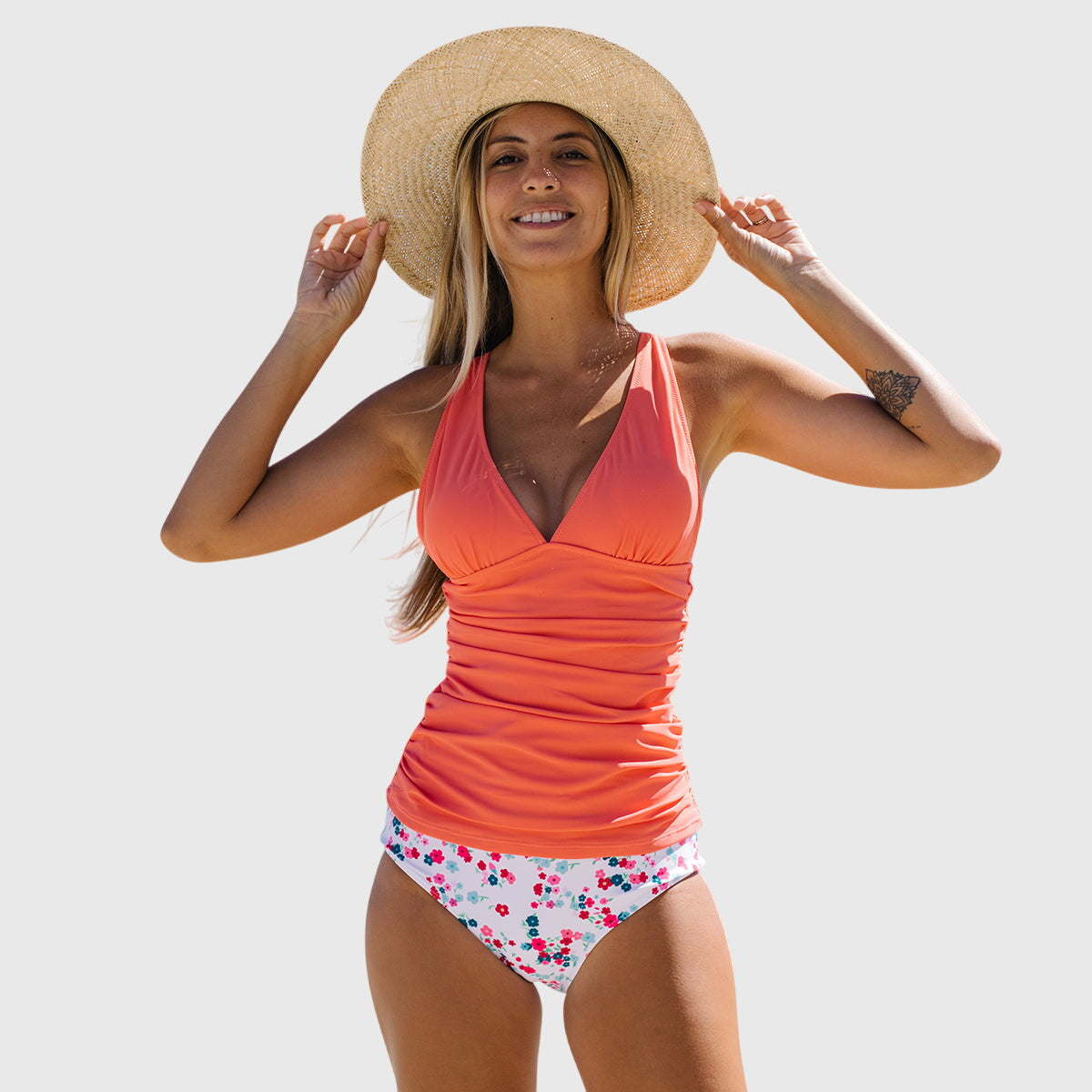 Cute Floral Print V Neck Tummy Control Tankini Set