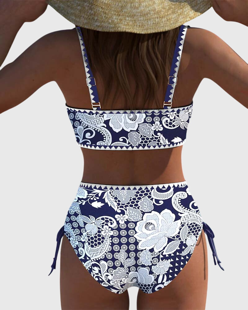 Printed Lace-Up Triangle Bikini