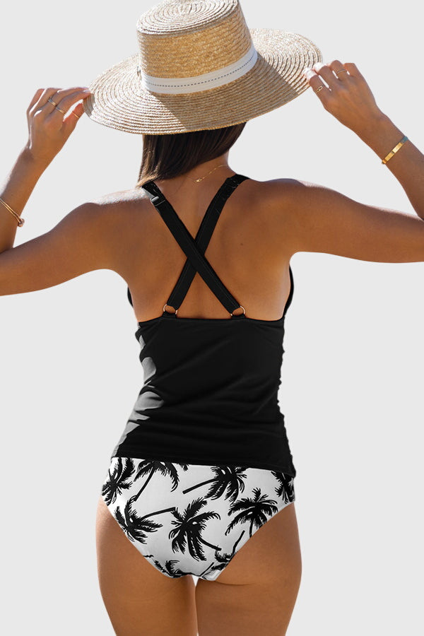 Cute Floral Print V Neck Tummy Control Tankini Set