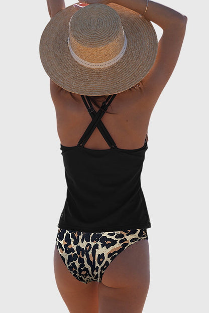 Criss Cross Back Tummy Control Black Tankini Set