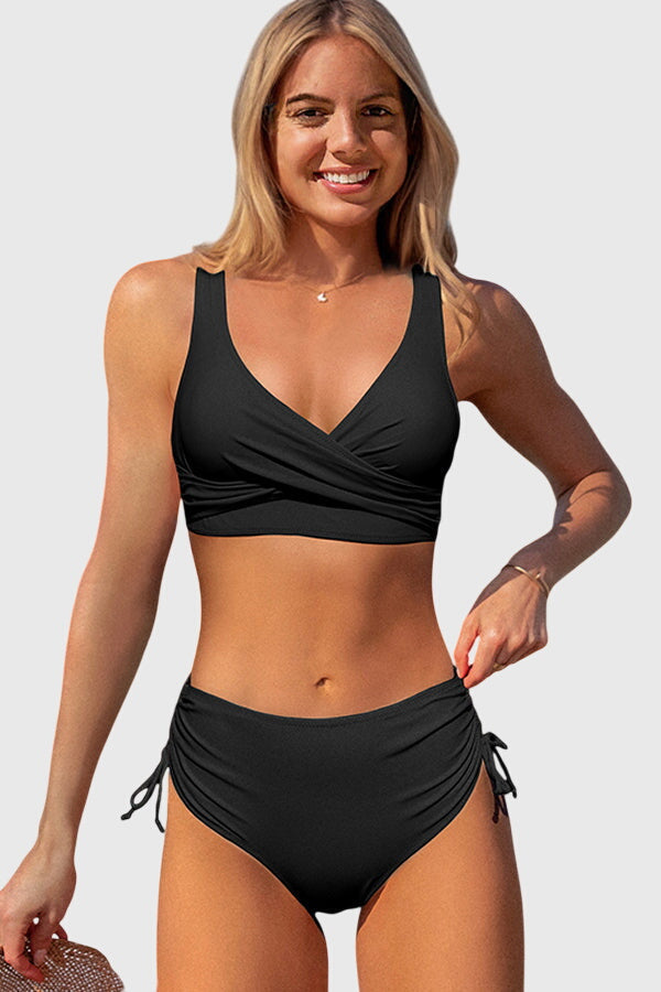 Black Twist Front Drawstring Side Bikini Set