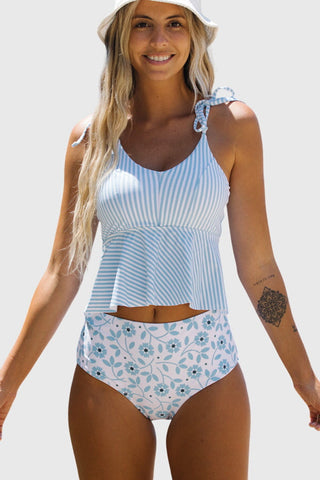 Tie Shoulder Stripe Print Cute Tankini Set