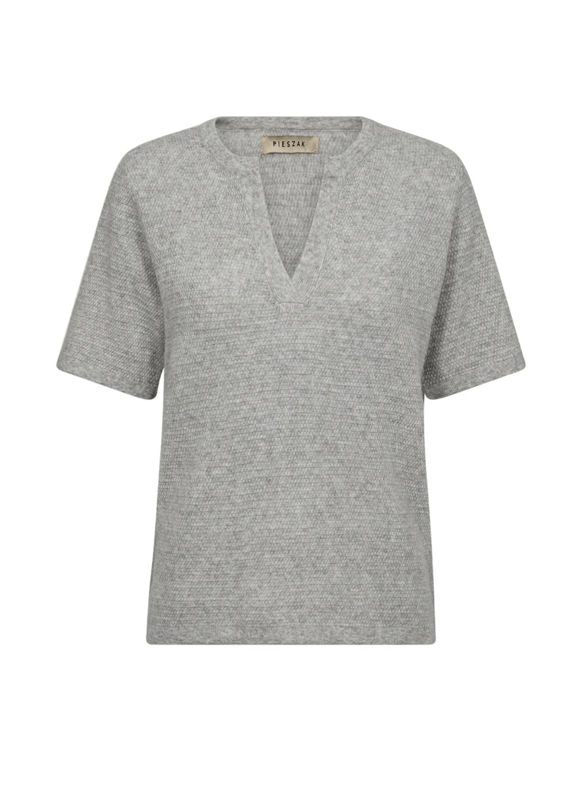 Pieszak PD-Billie Sweter dzianinowy z rękawem 2/4 i rozcięciem przy dekolcie w kolorze jasnoszarym melanżu