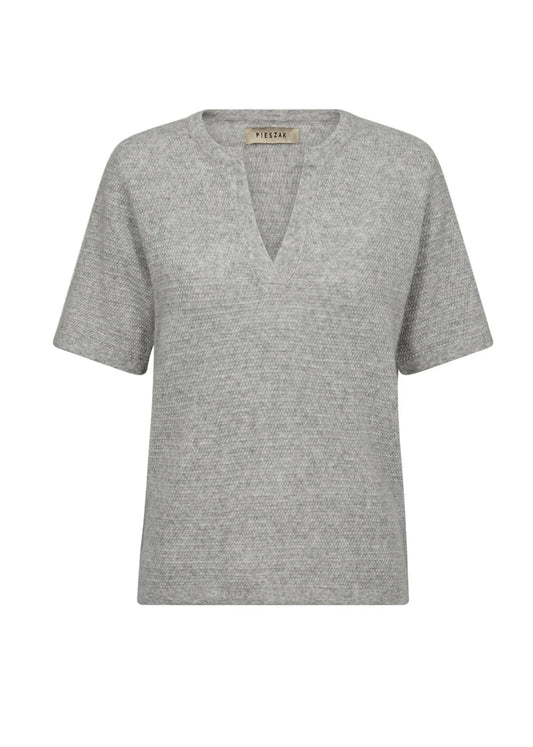 Pieszak PD-Billie Sweter dzianinowy z rękawem 2/4 i rozcięciem przy dekolcie w kolorze jasnoszarym melanżu