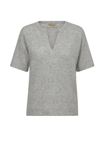 Pieszak PD-Billie Sweter dzianinowy z rękawem 2/4 i rozcięciem przy dekolcie w kolorze jasnoszarym melanżu