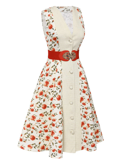 Sukienka z paskiem w kolorze beżowo-czerwonej róży z lat 50.