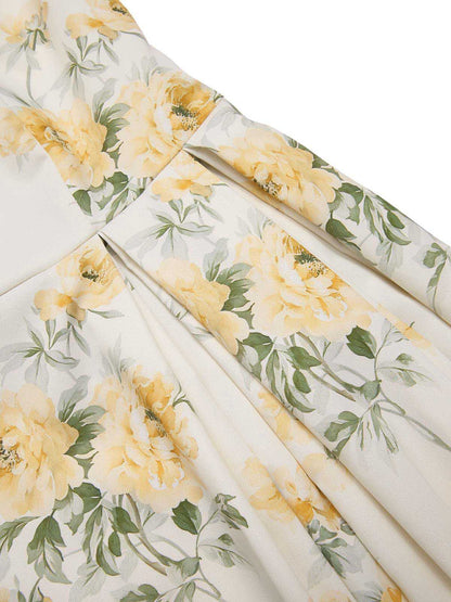 [Przedsprzedaż] Żółta sukienka w kwiaty z lat 50. w stylu antycznym z dekoltem w łódkę z paskiem