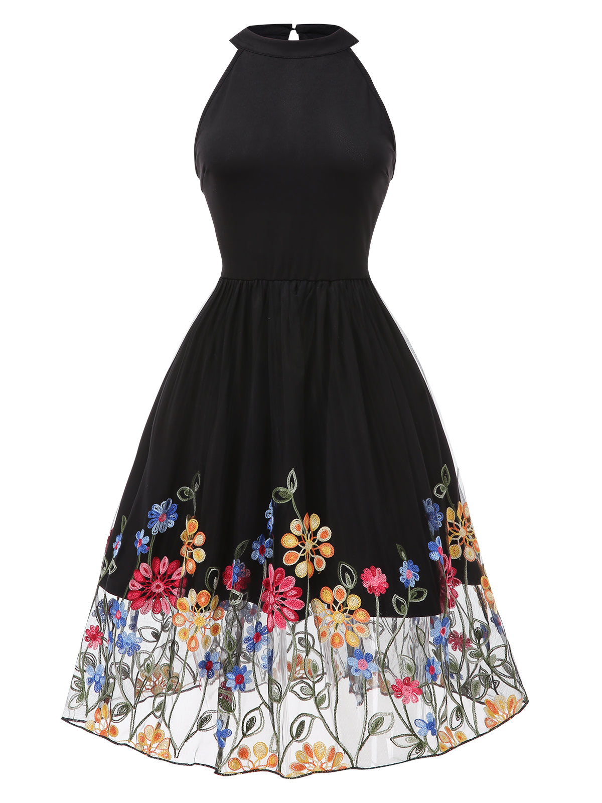 Niebieska sukienka z dekoltem w serduszko z lat 50. XX wieku z kwiatowymi guzikami