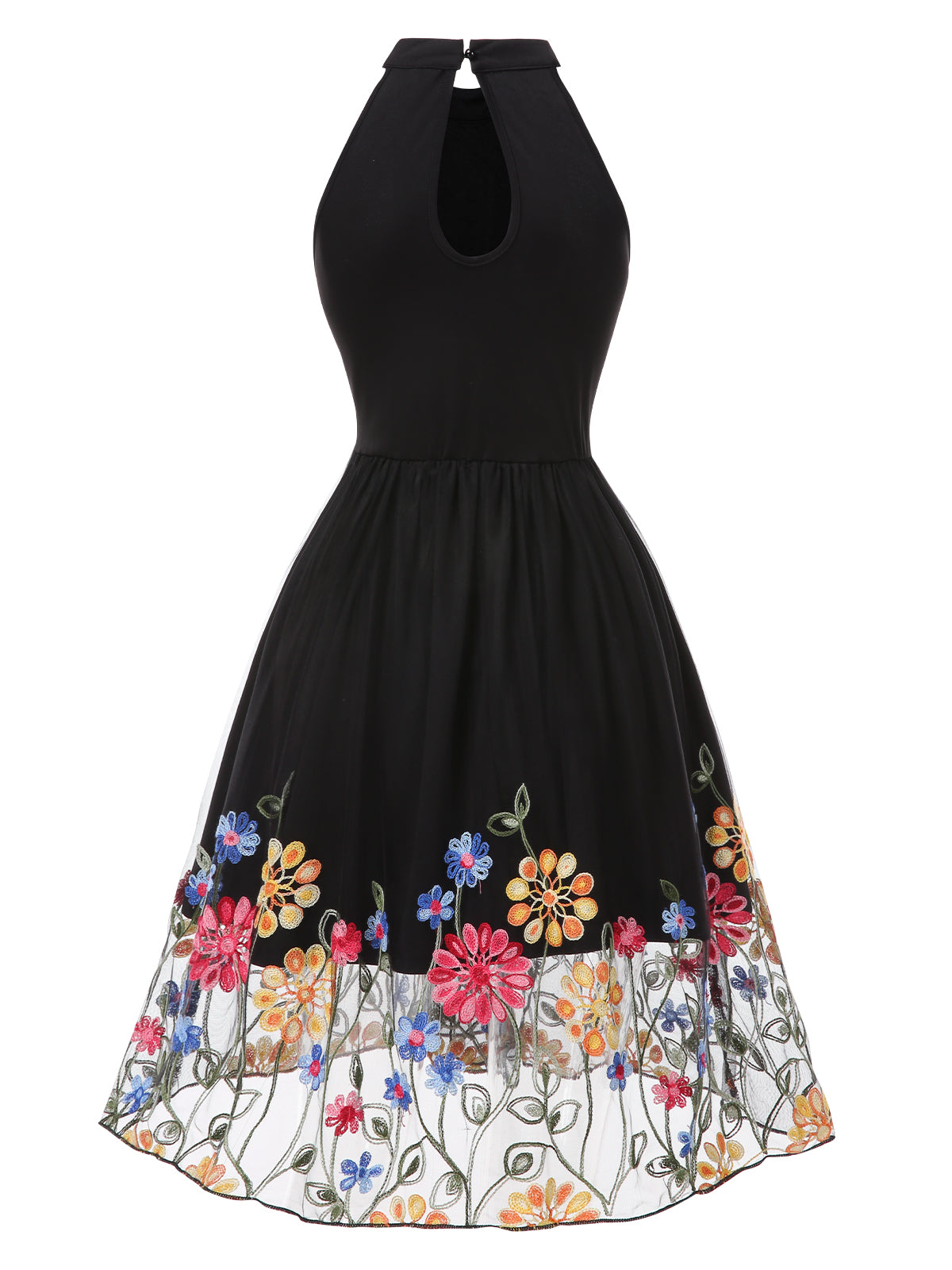 Niebieska sukienka z dekoltem w serduszko z lat 50. XX wieku z kwiatowymi guzikami