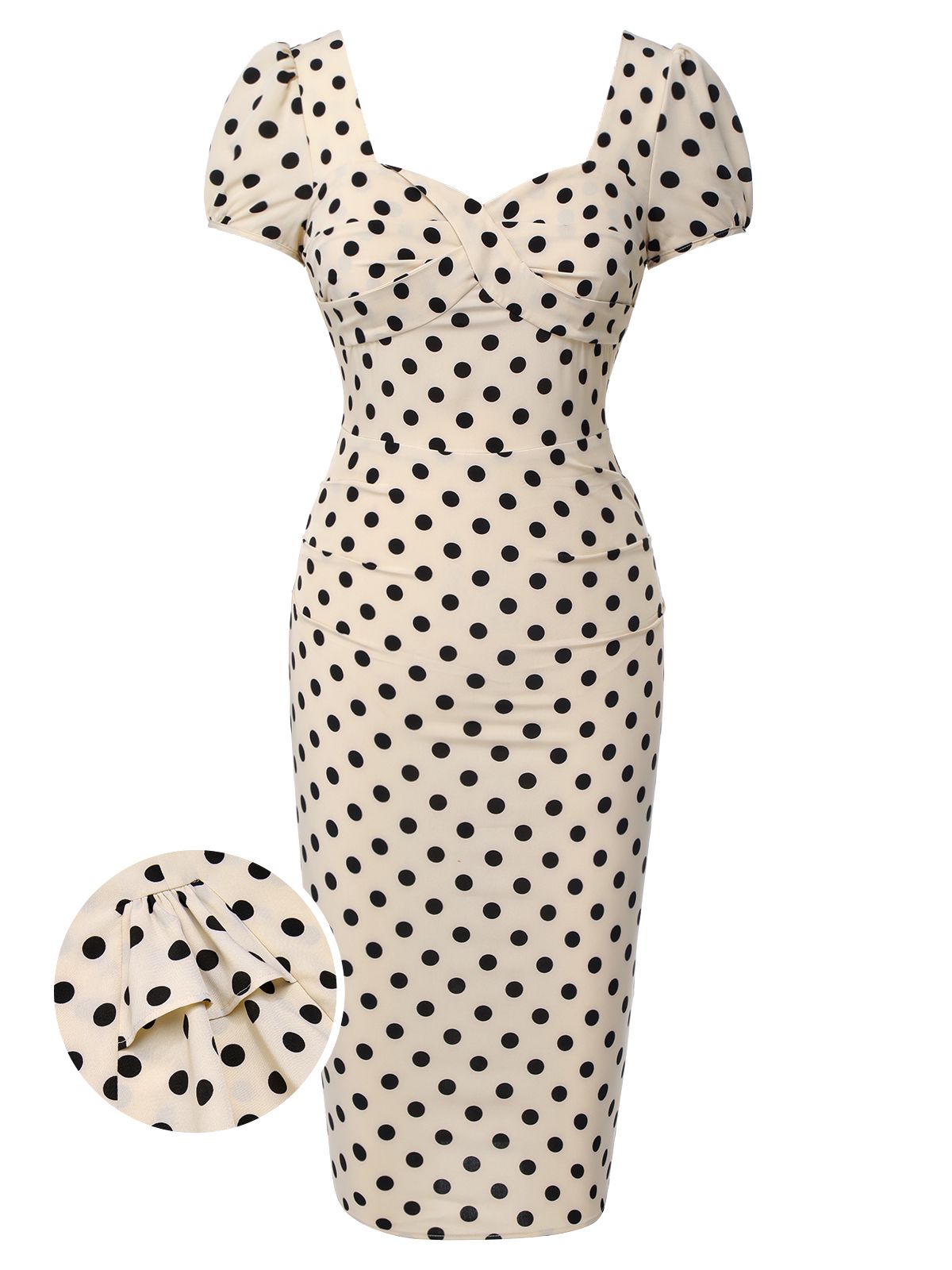 Beżowa bufiasta sukienka w kropki z lat 60.