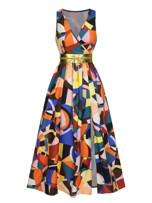 Sukienka z wysokim rozcięciem i dekoltem w serek z lat 30., z paskiem