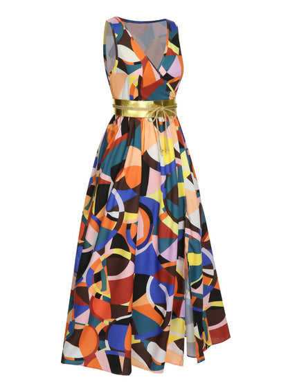 Sukienka z wysokim rozcięciem i dekoltem w serek z lat 30., z paskiem