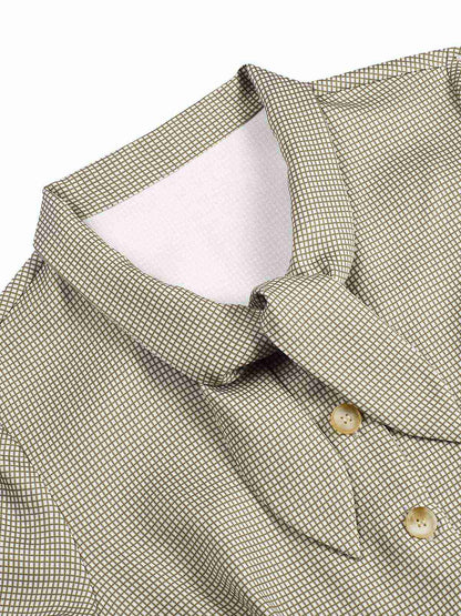 Brązowa sukienka w kratę z lat 40. z kołnierzykiem z muszką