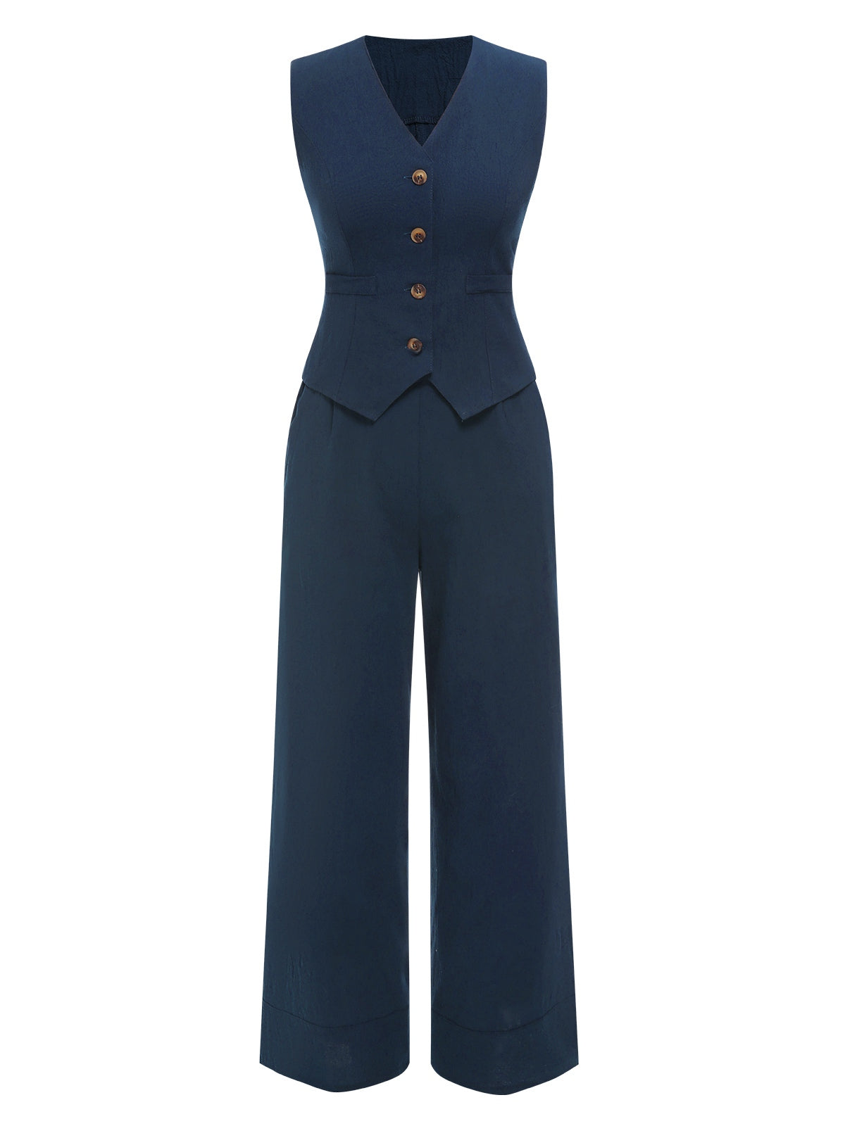 Dwuczęściowa bluzka z jednolitymi klapami i granatowa plisowana spódnica z lat 50. XX wieku