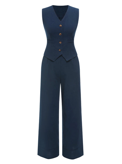 Dwuczęściowa bluzka z jednolitymi klapami i granatowa plisowana spódnica z lat 50. XX wieku