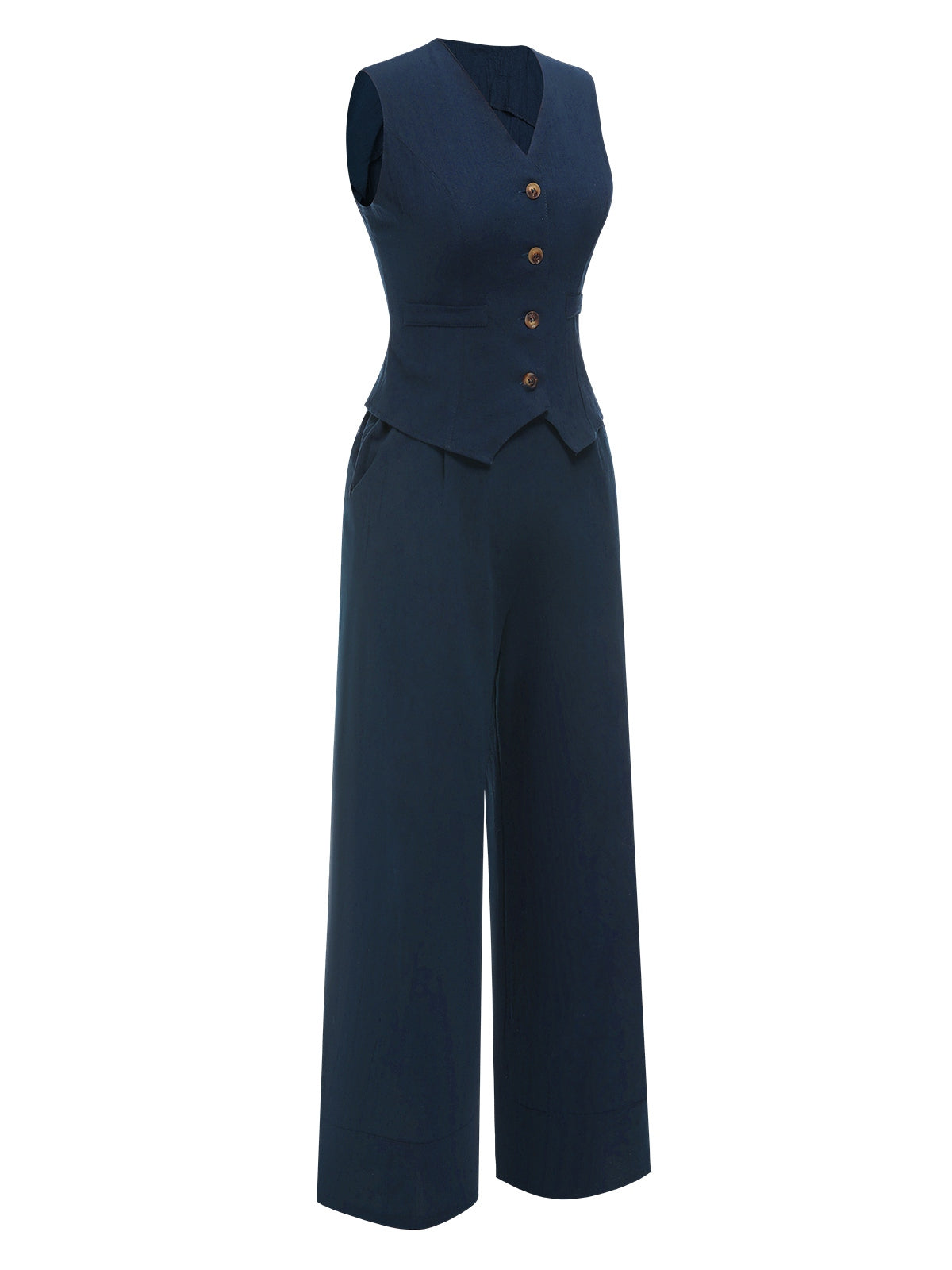 Dwuczęściowa bluzka z jednolitymi klapami i granatowa plisowana spódnica z lat 50. XX wieku