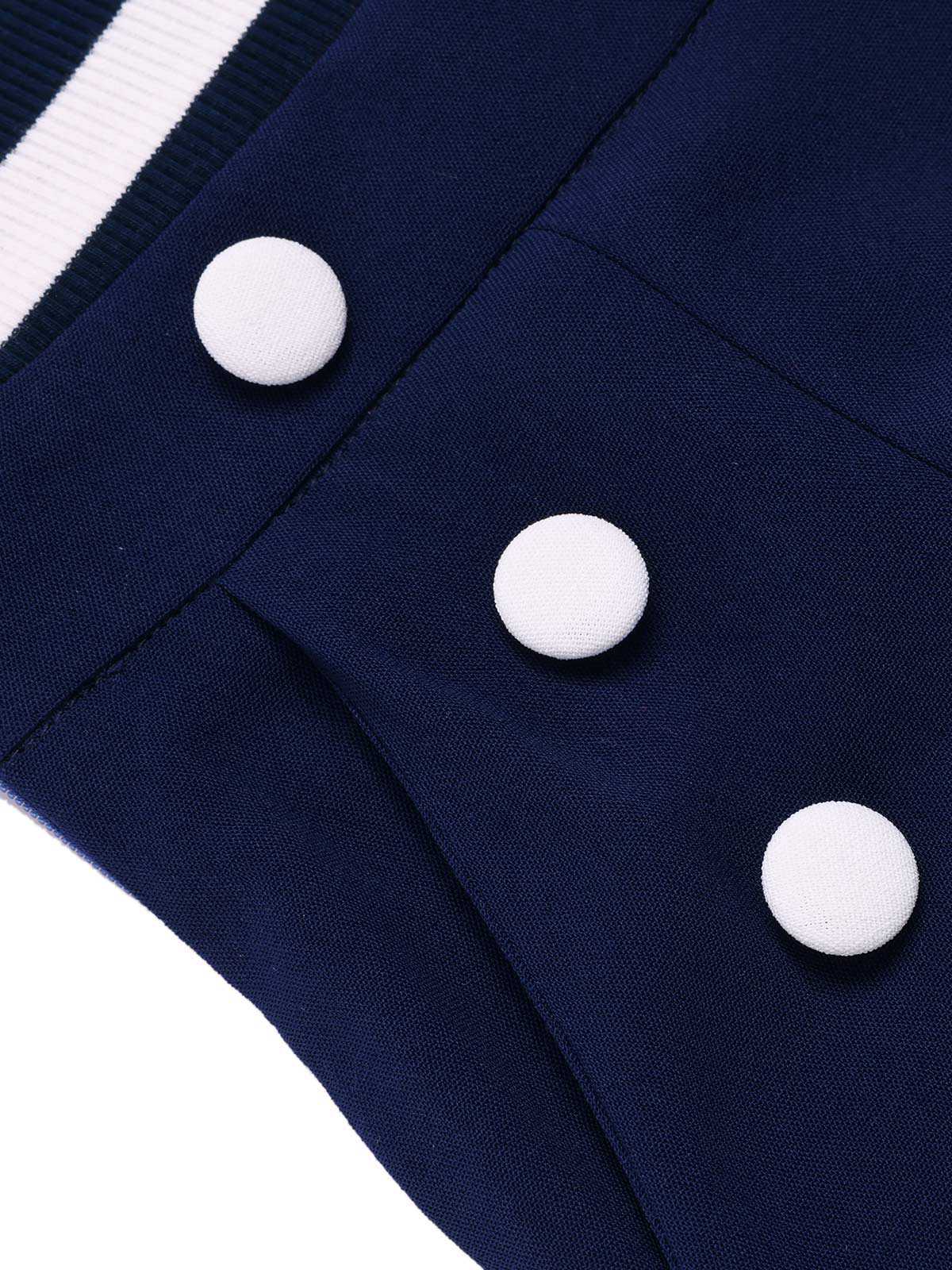 Niebieski kombinezon w paski z lat 50. z wyciętą kokardą