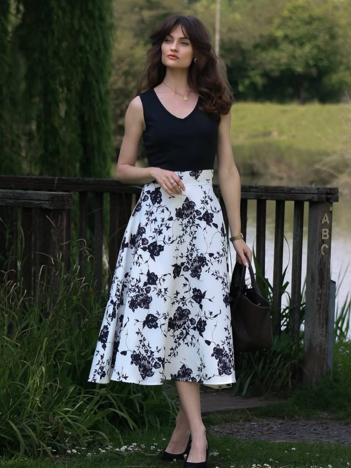 Czerwony kombinezon z głębokim dekoltem w serek i różami z lat 30.