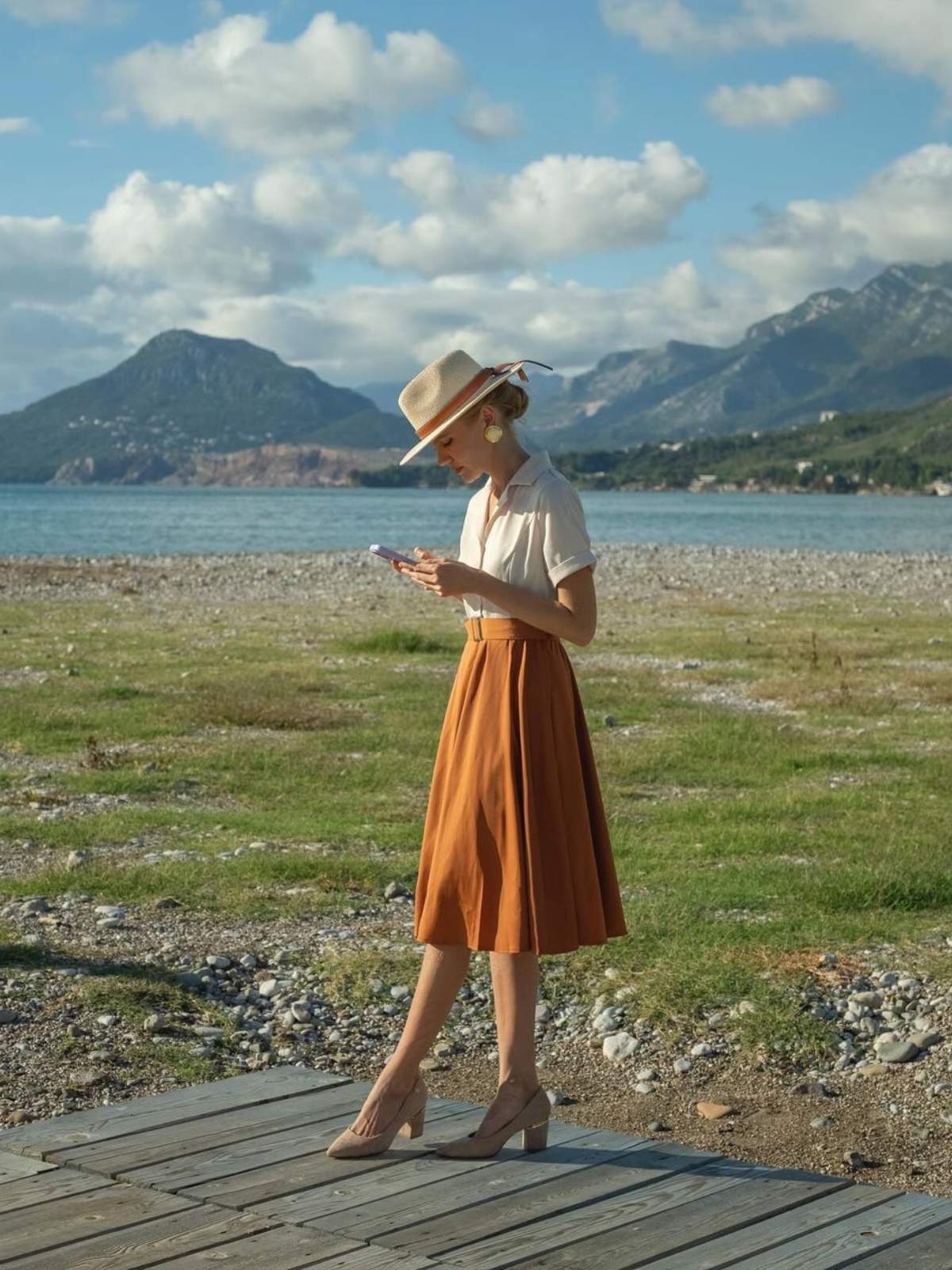 Sukienka z guzikami w kolorze khaki z lat 50. w kolorze Królewny Śnieżki