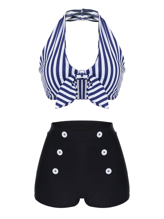 Komplet bikini z halterneckiem w paski w stylu retro