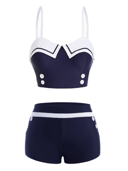 Sukienka dwurzędowa, granatowy garnitur marynarski z lat 50. XX wieku