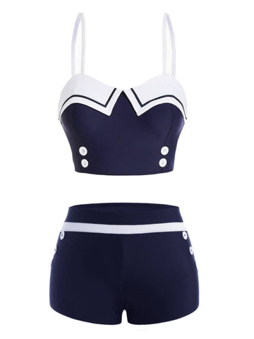 Sukienka dwurzędowa, granatowy garnitur marynarski z lat 50. XX wieku