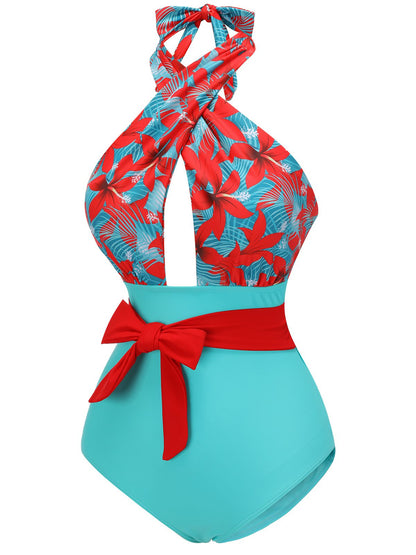 Czarny, kratkowany kostium kąpielowy z lat 40. XX wieku z dekoltem typu halter