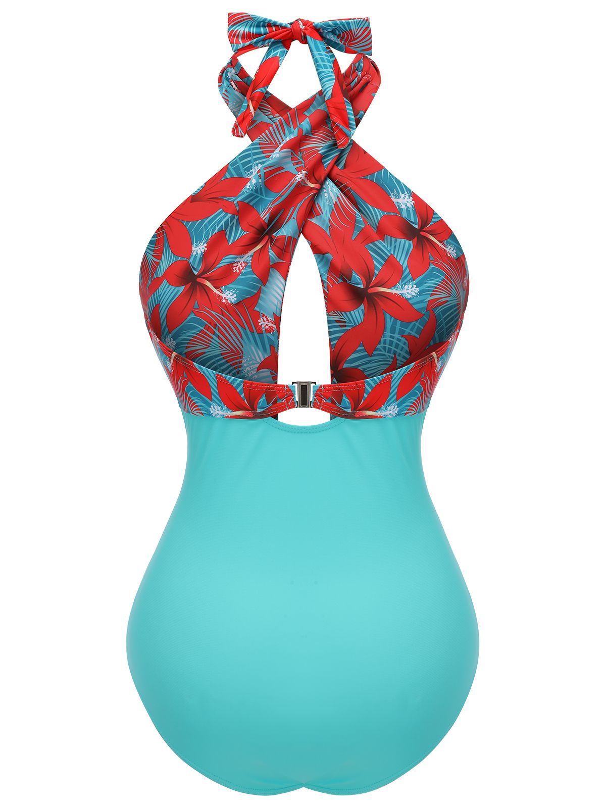 Czarny, kratkowany kostium kąpielowy z lat 40. XX wieku z dekoltem typu halter