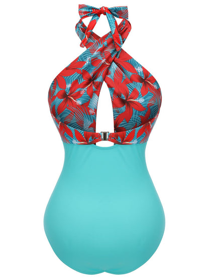 Czarny, kratkowany kostium kąpielowy z lat 40. XX wieku z dekoltem typu halter