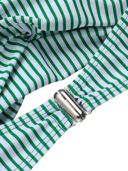 Komplet kostiumu kąpielowego z halterneckiem w paski z lat 40.