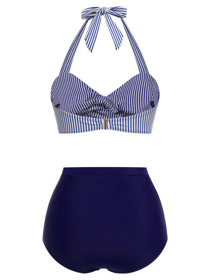 Komplet kostiumu kąpielowego z halterneckiem w paski z lat 40.