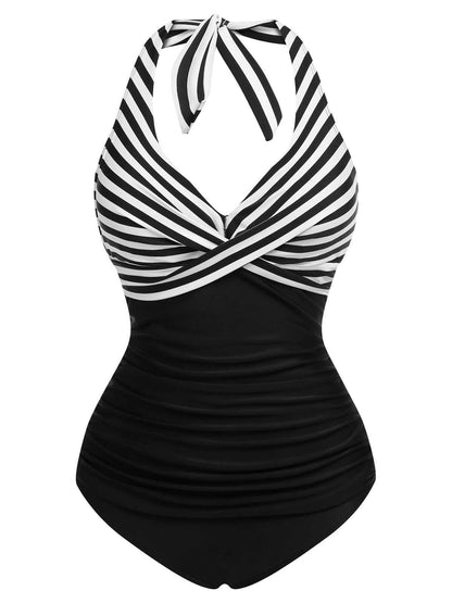 Komplet, czerwono-niebieski kostium kąpielowy z halterem z lat 40.