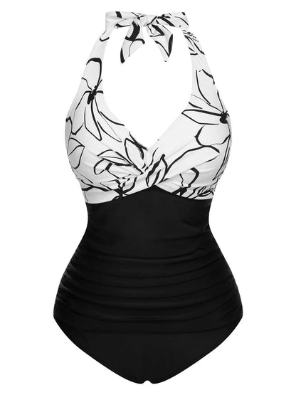 Komplet, czerwono-niebieski kostium kąpielowy z halterem z lat 40.