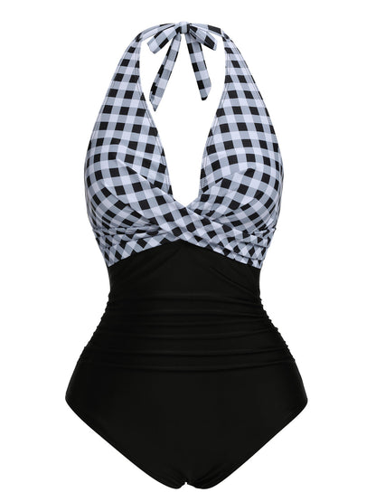 Pomarańczowy, jednoczęściowy kostium kąpielowy z krzyżowanymi plecami z lat 60. XX wieku