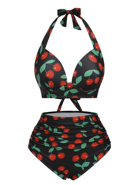 Granatowy, plisowany kostium kąpielowy z lat 50. XX wieku z dekoltem typu halter