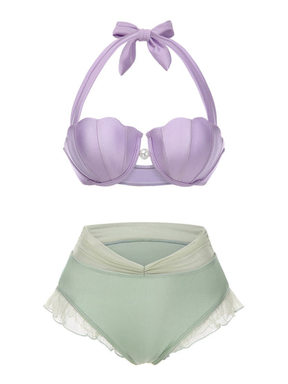 Lawendowy komplet bikini z muszlą syrenką z lat 70., halter