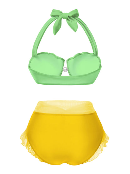 Lawendowy komplet bikini z muszlą syrenką z lat 70., halter