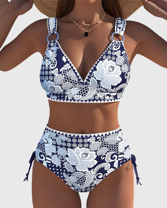Printed Lace-Up Triangle Bikini