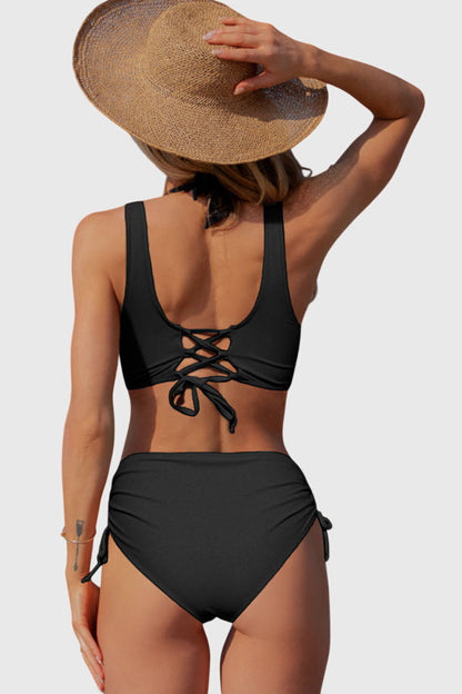 Black Twist Front Drawstring Side Bikini Set