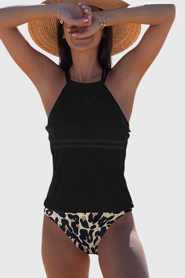 Criss Cross Back Tummy Control Black Tankini Set
