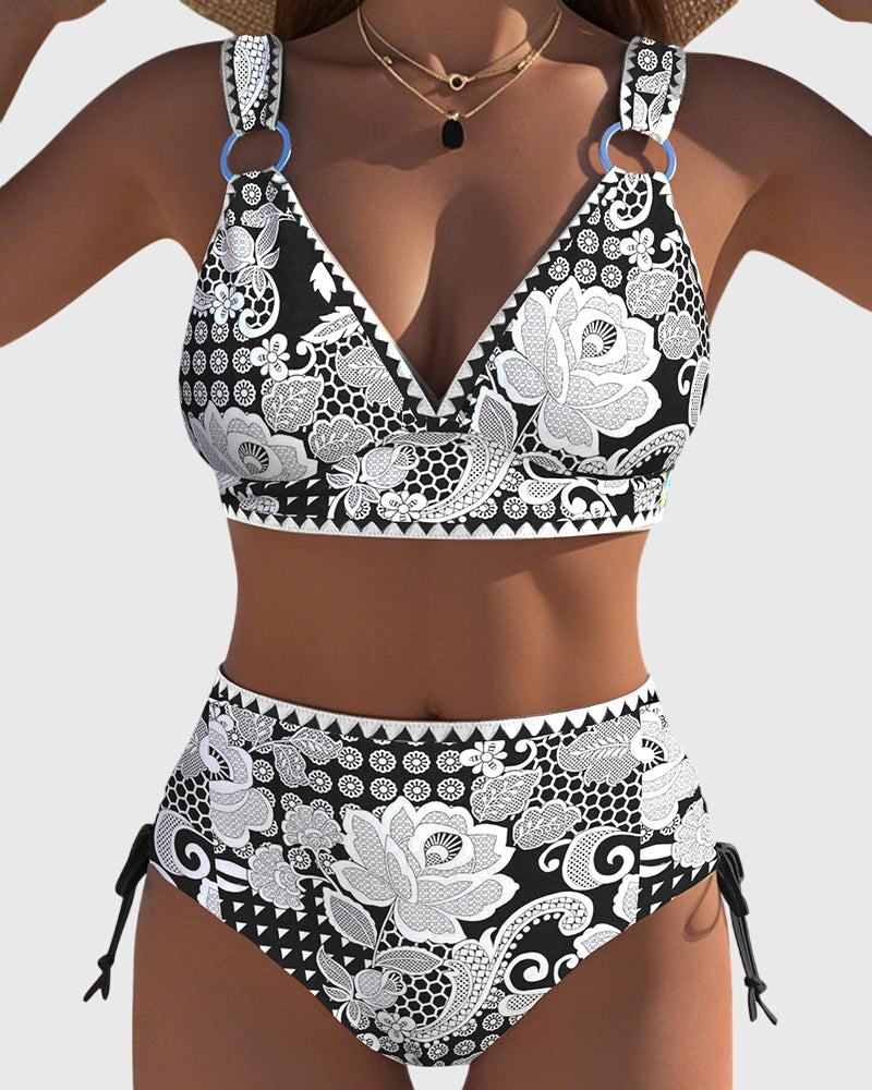 Printed Lace-Up Triangle Bikini