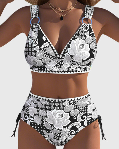 Printed Lace-Up Triangle Bikini