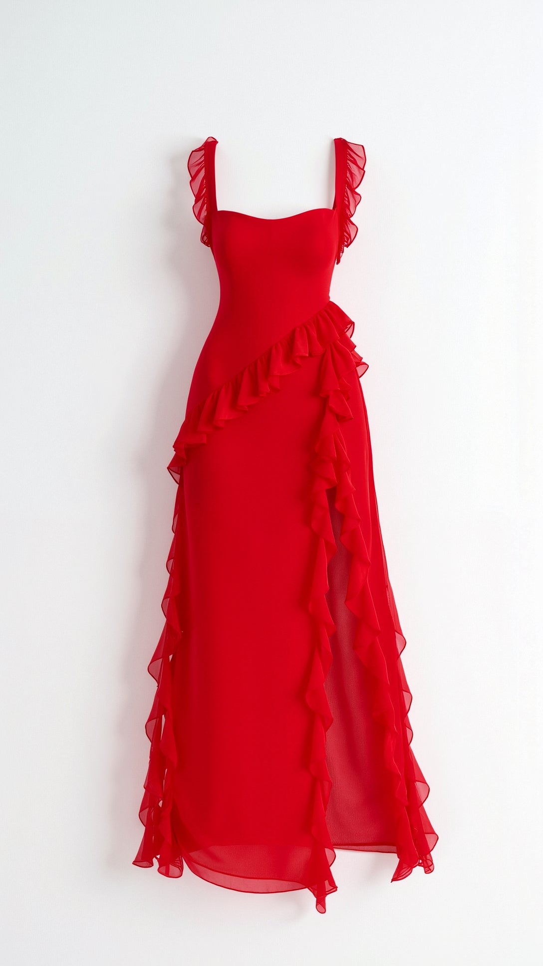 Daria | Elegancka sukienka maxi z falbankami i rozcięciem
