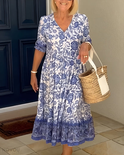 ARIA - Elegancka sukienka w kwiaty z dekoltem w serek